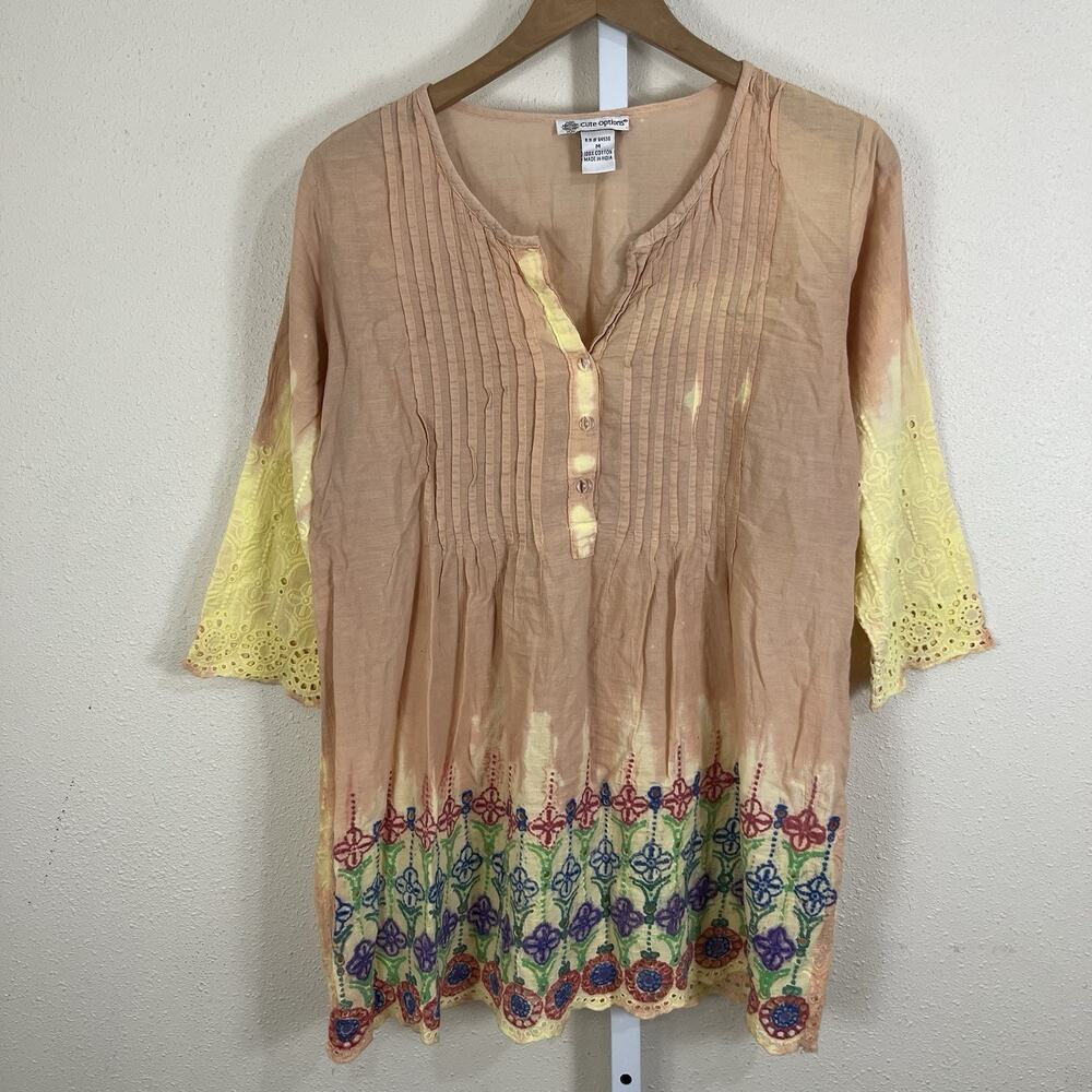 Y2K Cute Options Embroidered Tie Dye Tunic Top Medium Boho Festival Eyelet